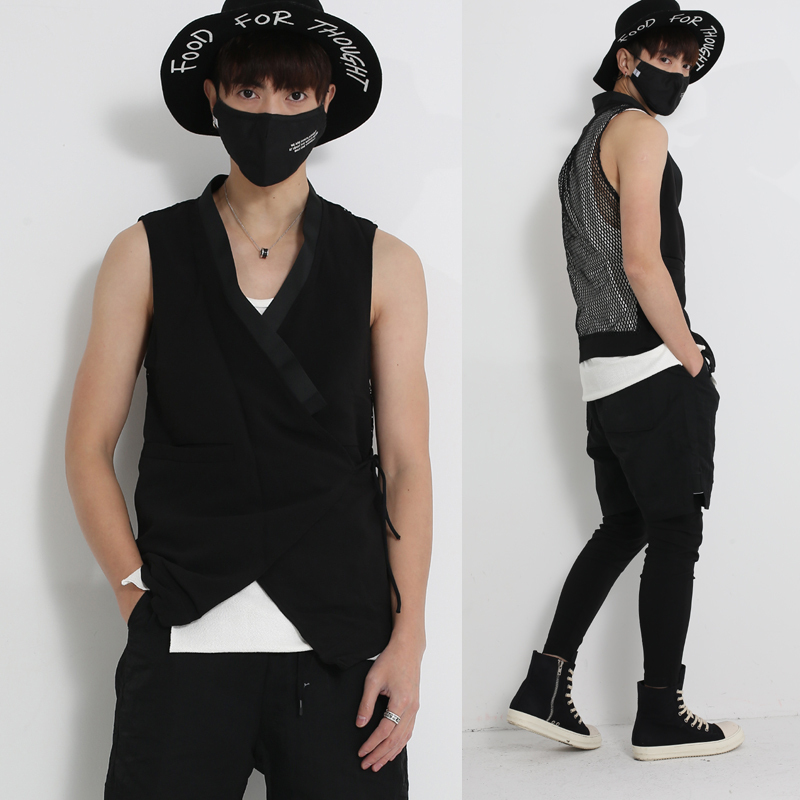 闷骚潮男个性透视网纱网格拼接马甲坎肩夜店酒吧歌手演出服装舞蹈