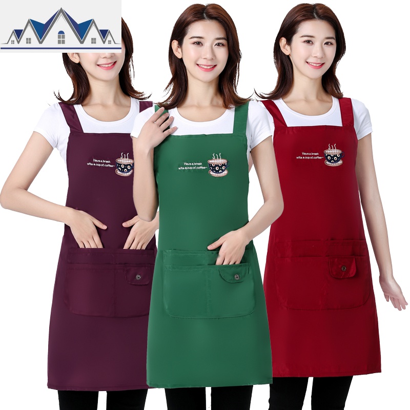 防水围裙女时尚厨房家用塑料水产专用工作服防油红色围腰做饭罩衣 三维工匠高清大图