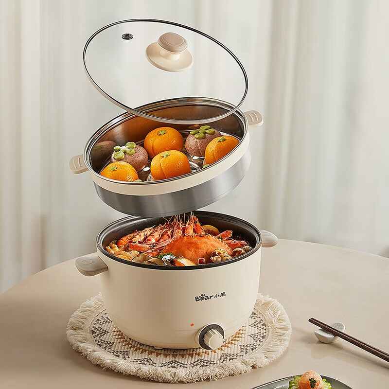 小熊(Bear)电煮锅电蒸锅电火锅电热锅3L不粘锅米黄 DRG-C30N5【带蒸笼】