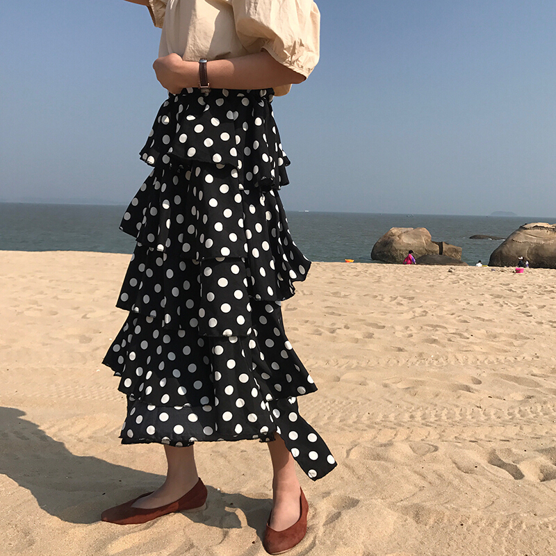 冷淡风裙子女夏装2018新款韩版波点中长裙高腰半身裙白色均码