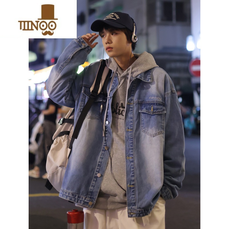 YANXU秋季新款美式复古做旧牛仔外套男士款帅气宽松夹克衫高清大图