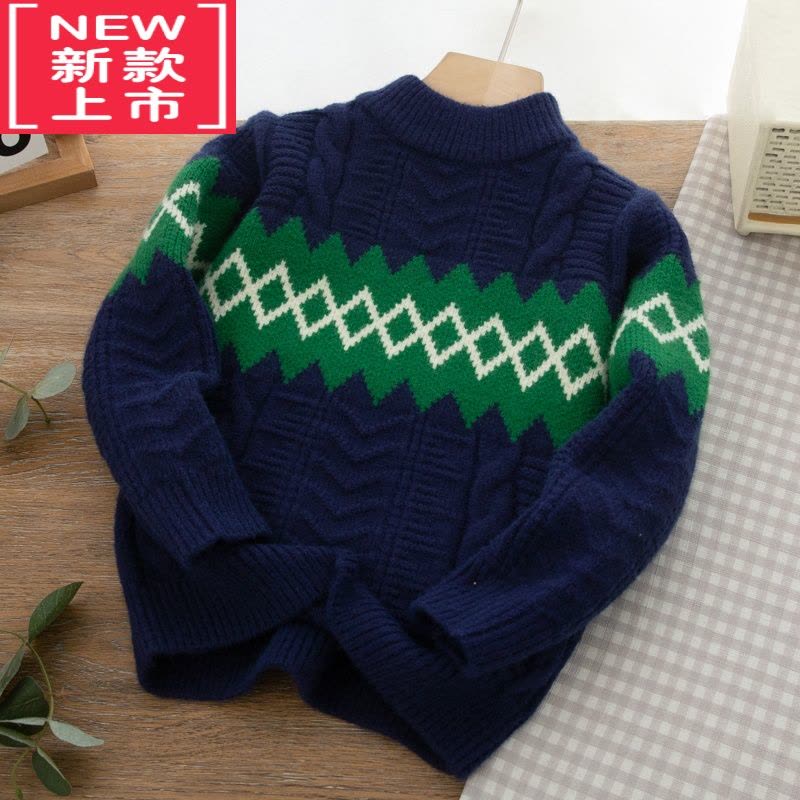 可莉允男童毛衣2022新款中大童冬季百搭菱形格提花儿童装圆领针织保暖潮图片