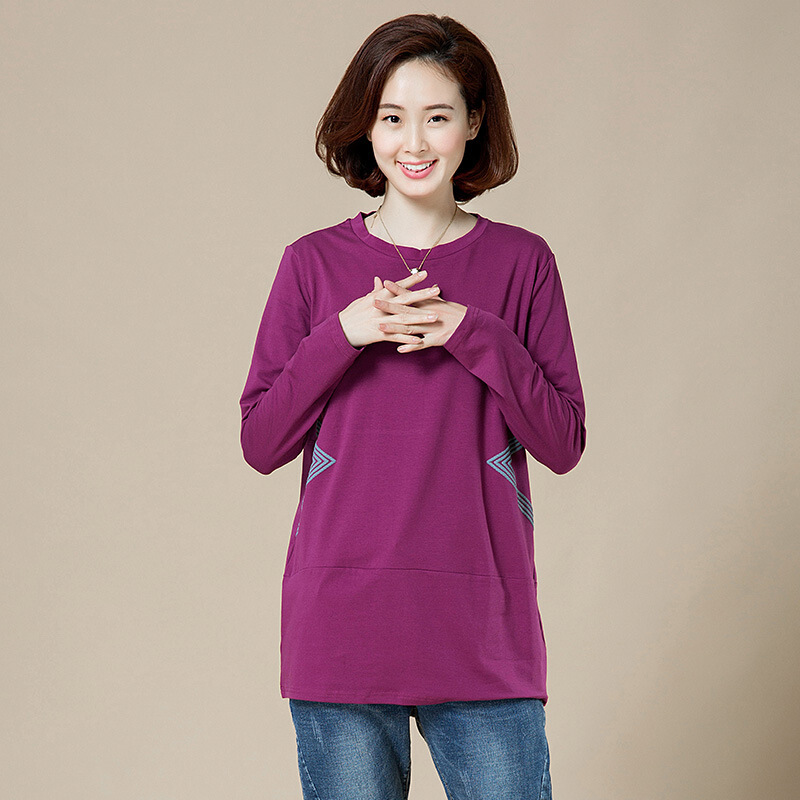 迪鲁奥（DILUAO)新款女装打底衫女长袖大码宽松中长款妈妈纯棉恤春秋胖女人遮肚显瘦上衣_970 紫红色 XL