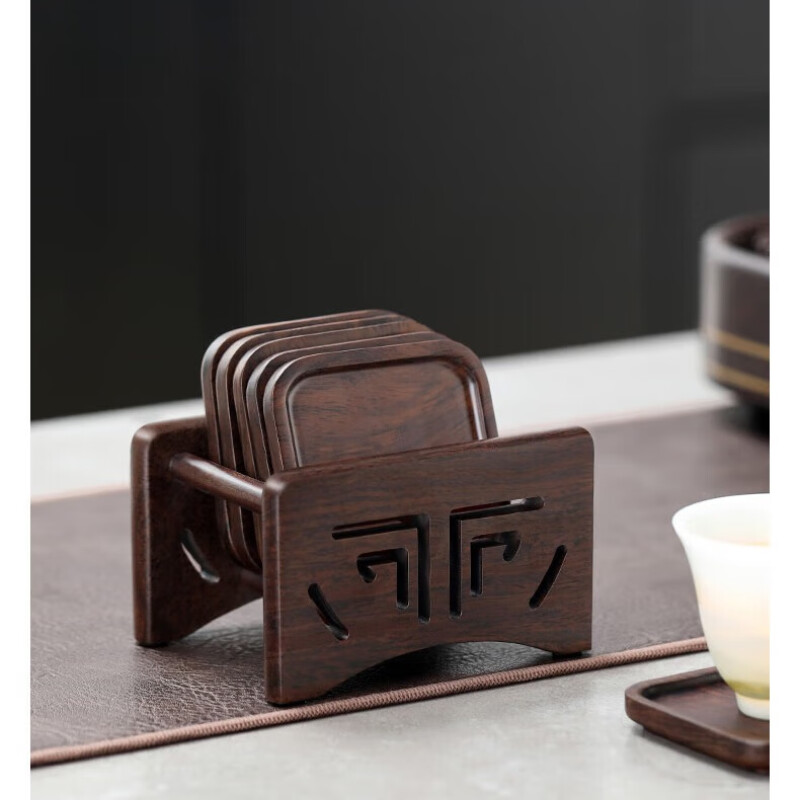 茶杯垫茶垫杯垫隔热茶道茶具配件 黑檀木四方杯垫组(6片)高清大图