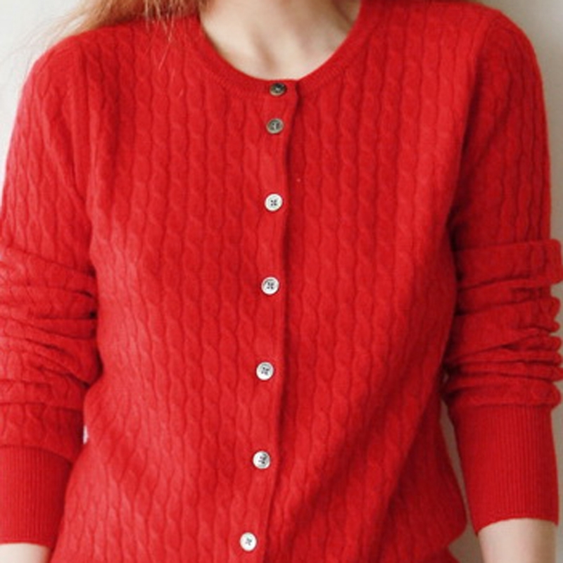 秋冬女式山羊绒衫纯色圆领麻花修身开衫羊绒衫加厚针织毛衣百