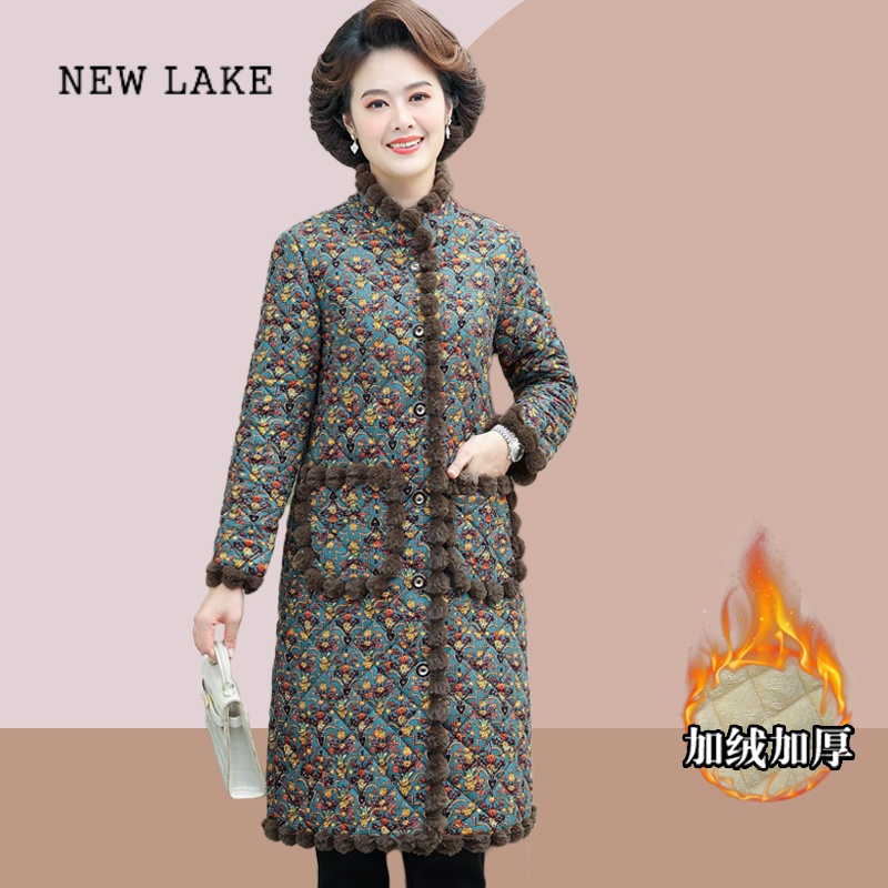 new lake妈妈装冬季中长版保暖棉服大尺码中老年女装加厚花色棉衣洋派