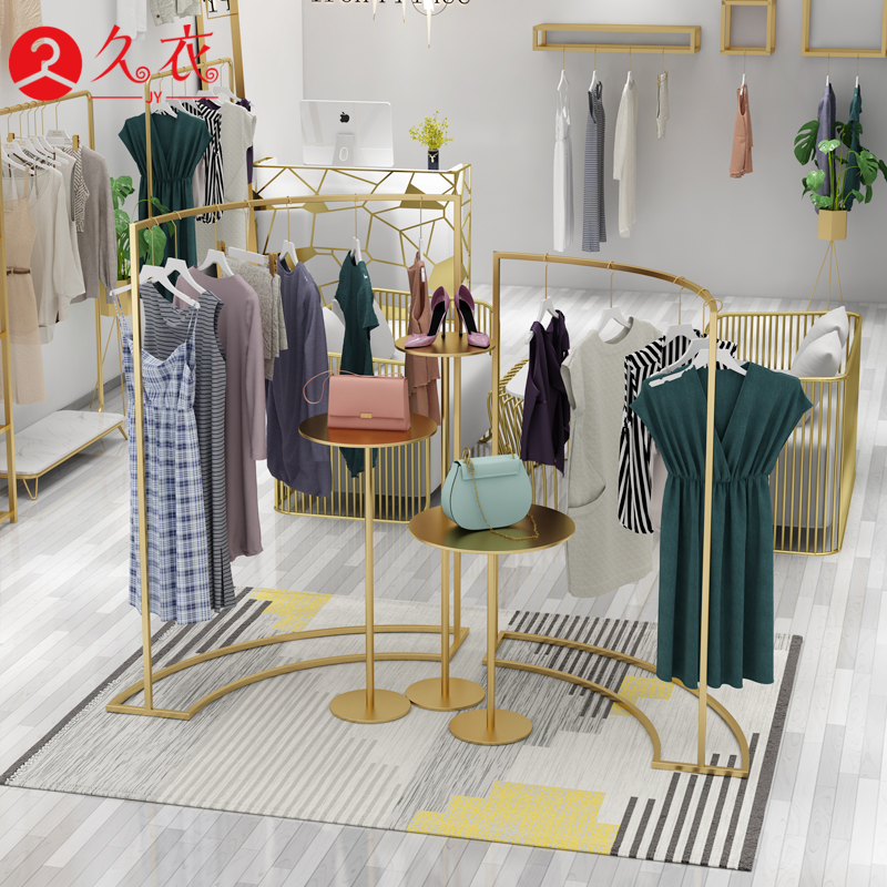 金色服装店展示架落地弧形中岛侧挂衣架流水台组合陈列架创意橱窗晾晒架 三维工匠 大号弧形中岛架 官方标配高清大图