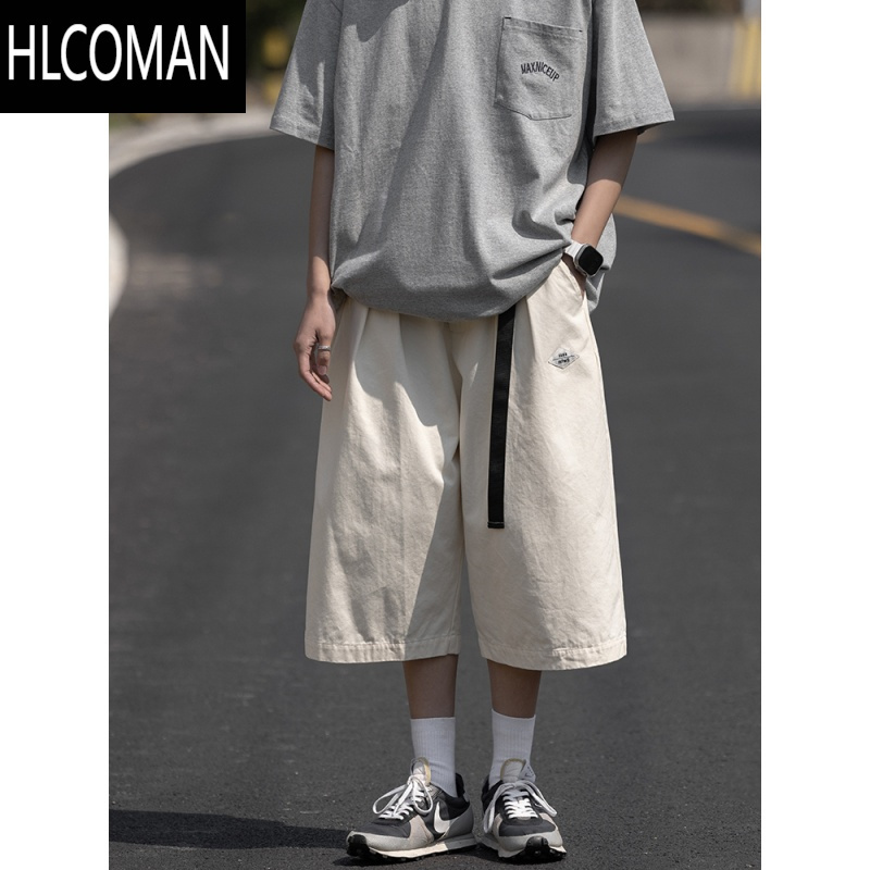 HLCOMAN日系七分裤男生宽松大码过膝短裤夏季美式ins潮牌休闲7分阔腿中裤