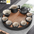 三维工匠黑陶瓷功夫茶具套装家用简约干泡茶盘中日式杯壶旅行便携酒店专用 如意壶有把海6罗汉杯圆漏日月圆盘无包