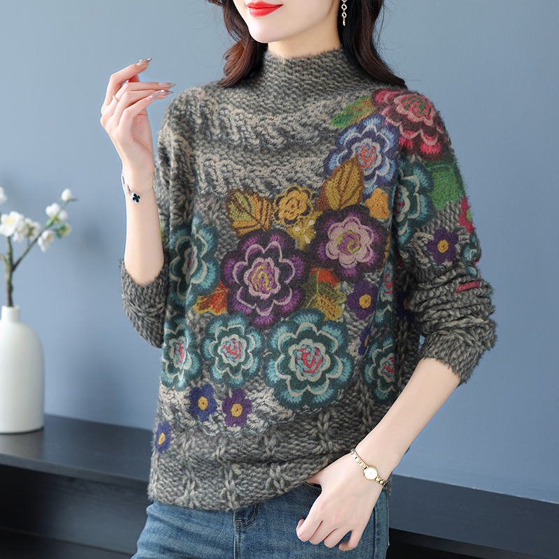 欧洲站设计高端印花半高领羊绒衫毛衣女士宽松春秋2024新款春秋装时尚洋气妈妈上衣针织衫打底衫羊毛衫套头毛衣女装