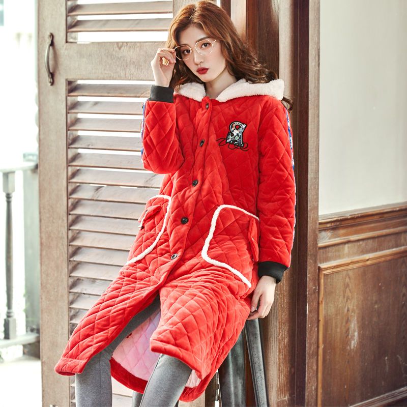 睡袍女冬绒加厚加长款保暖法兰绒可外穿时尚纽扣夹棉浴袍冬季