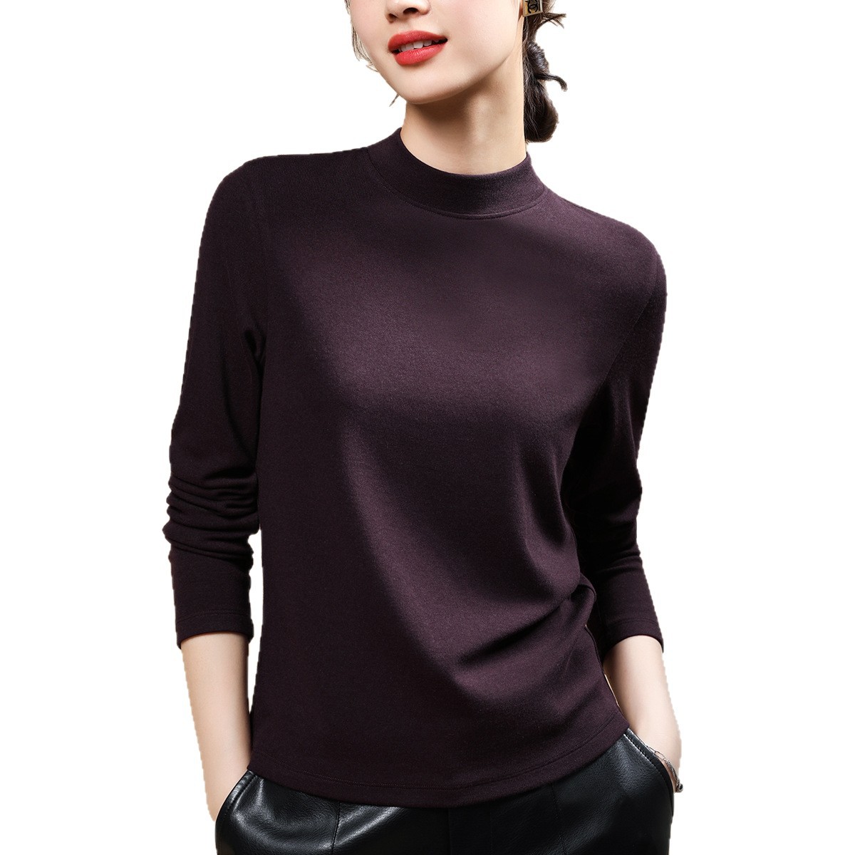 2025秋冬季修身百搭t恤显瘦内搭上衣时尚纯色半高领打底衫女长袖高清大图