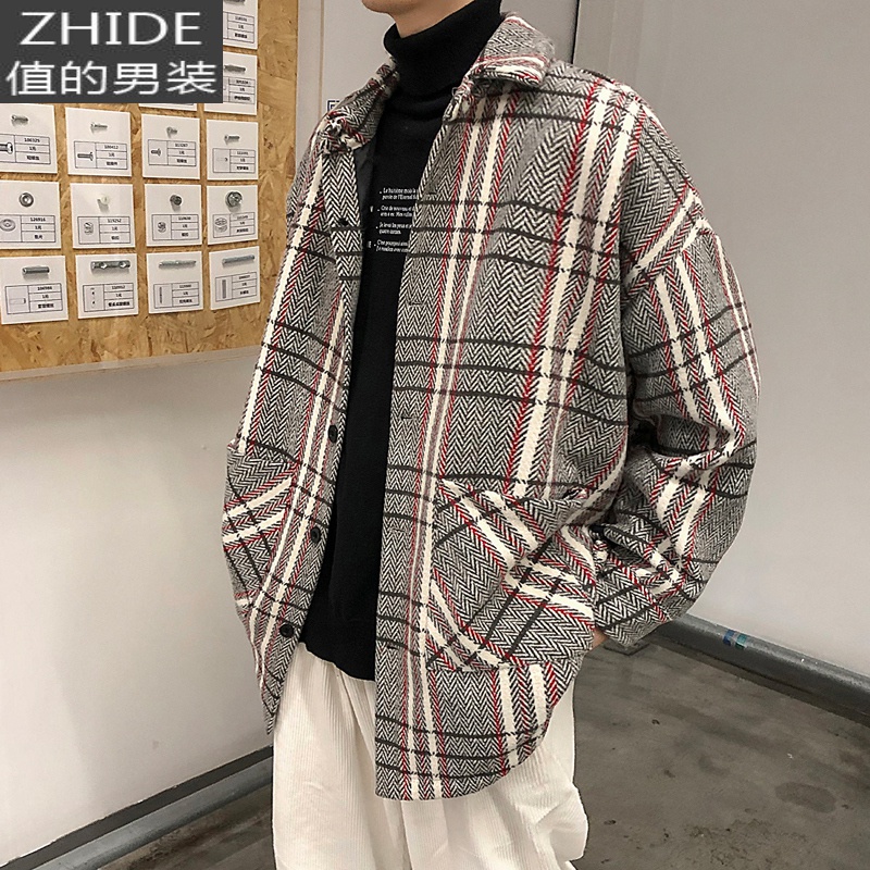 SUNTEK格子毛呢大衣男中长款秋冬韩版宽松潮流妮子风衣男士呢子外套大码风衣高清大图