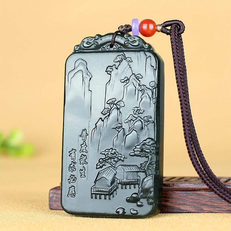 和田玉吊坠山水玉牌天然青玉山流水玉坠男士女士珠宝玉石大号挂件炫石