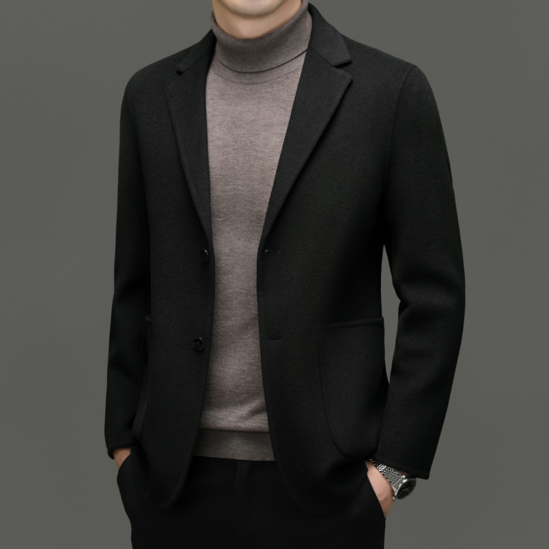 秋冬商务宴会山羊绒西装男毛呢大衣短款外套高端休闲羊毛呢小西服羊绒毛呢双面呢子大衣商务休闲西装外套 黑色 185