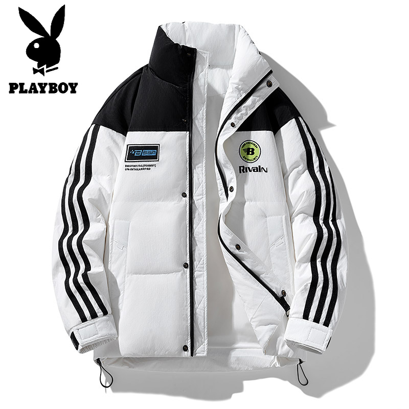 花花公子新款白鸭绒立领外套潮款拼接撞色羽绒服阔版保暖高清大图