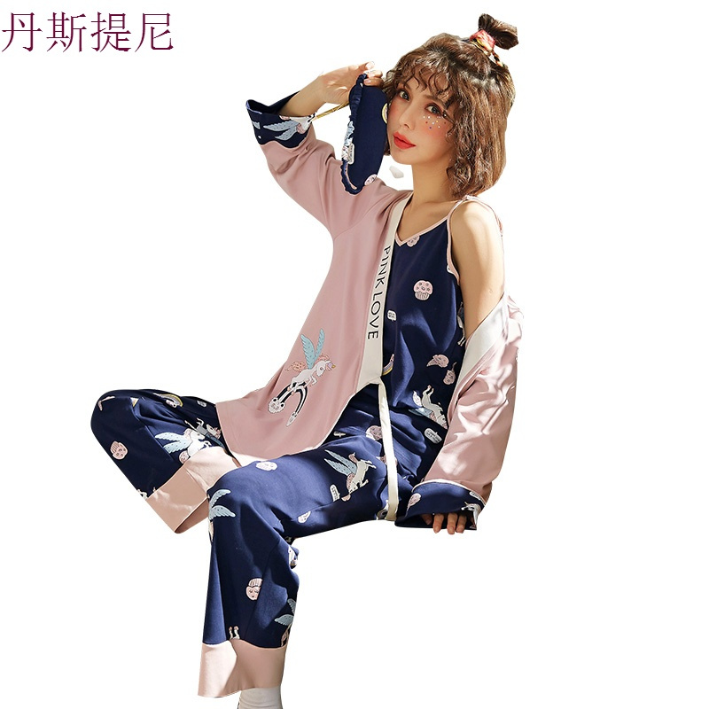 睡衣女春秋冬季长袖卡通可爱睡袍三件套日式和服家居服套装