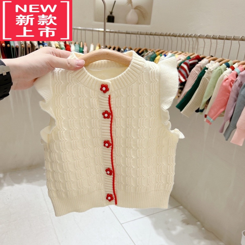 可莉允女童毛线马甲网红女孩甜美坎肩毛衣上衣宝宝针织开衫儿童线衣背心