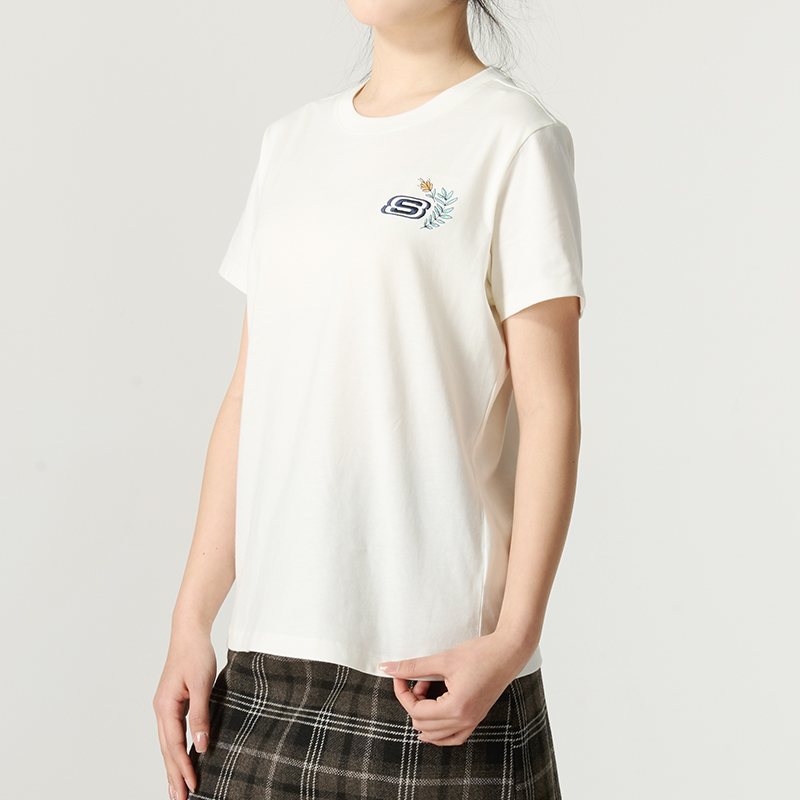 Skechers斯凯奇女子新款花朵刺绣潮流百搭休闲短袖T恤L223W125-0074 ZP L L223W125-0074/白色