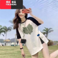 YIBUSHENG撞色插肩2024季新款短袖t恤女印花中长款T恤上衣女ins开肩 M96-110斤 双拼开叉短袖爱心
