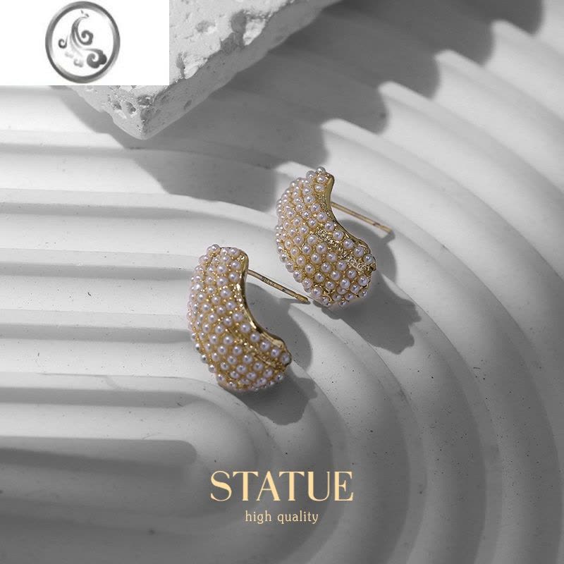 JiMi简约波浪纹S小米珍珠耳环女法式高级感气质耳钉INS风名媛百搭耳饰图片