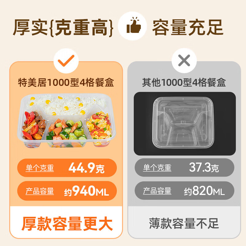 [特美居]一次性饭盒大四格塑料餐盒加厚带盖打包盒餐具150套1000型可微波高清大图