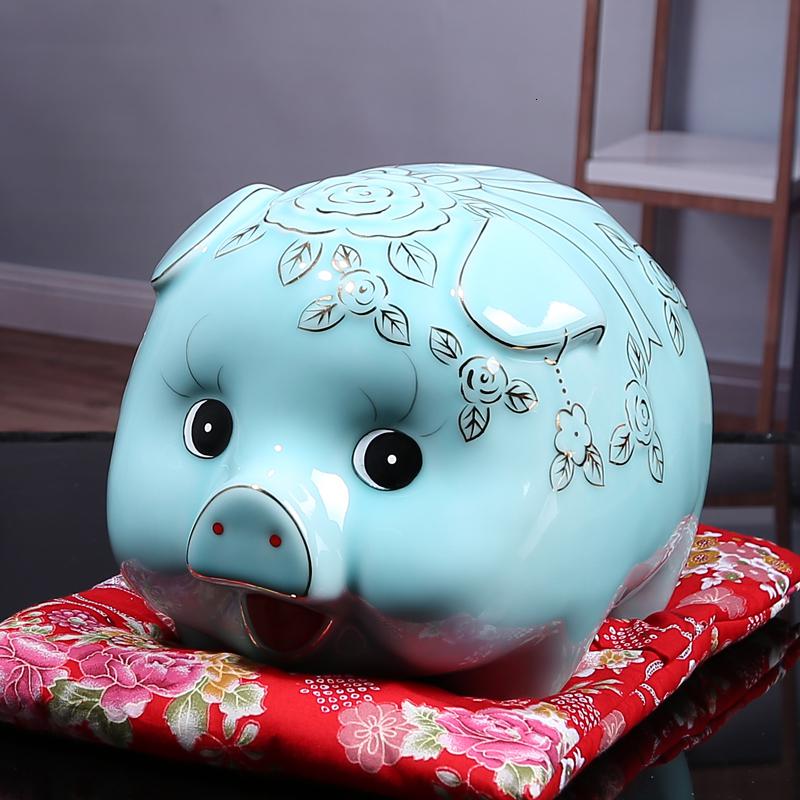 个性创意储钱罐陶瓷金猪抖音存钱储蓄罐大码超大摆件儿童生日 三维工匠 玫瑰猪蓝釉款配红布垫(不可取)高清大图