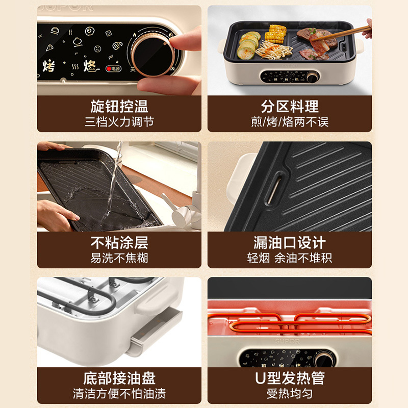苏泊尔(SUPOR)电烤盘家用烤肉锅烤肉盘室内不粘电烤炉多功能烤锅烧烤煎肉GJ3723P805高清大图
