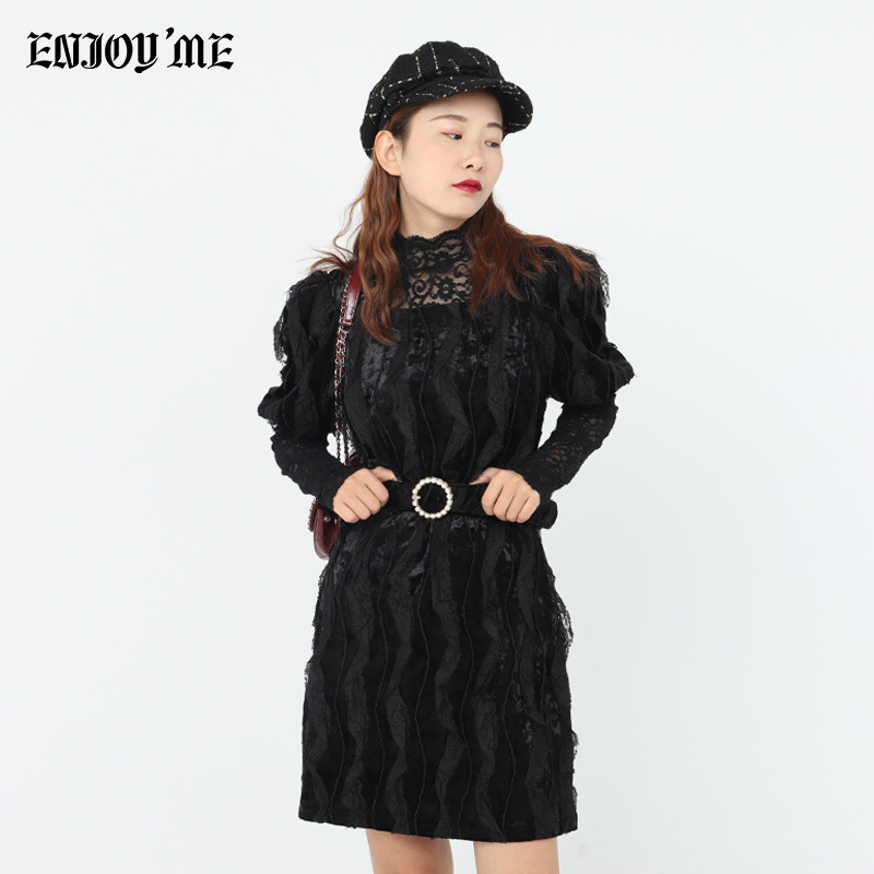 ENJOY’ME女装2019冬季新品性感蕾丝打底珍珠腰带丝绒套装连衣裙小黑裙