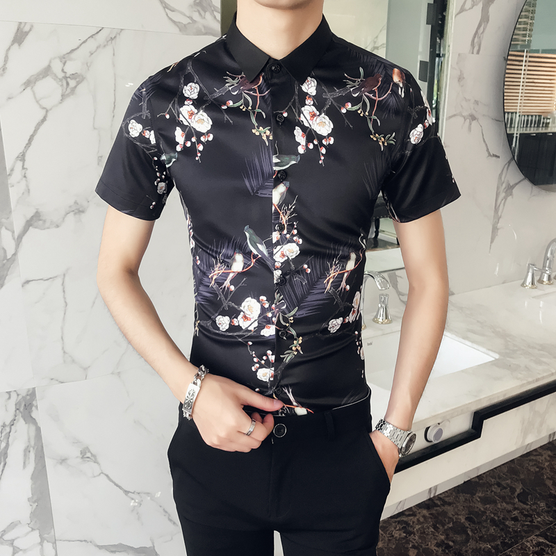 花衬衫男短袖碎花衬衣男韩版夏季修身帅气印花衣服男士花衬衫薄款