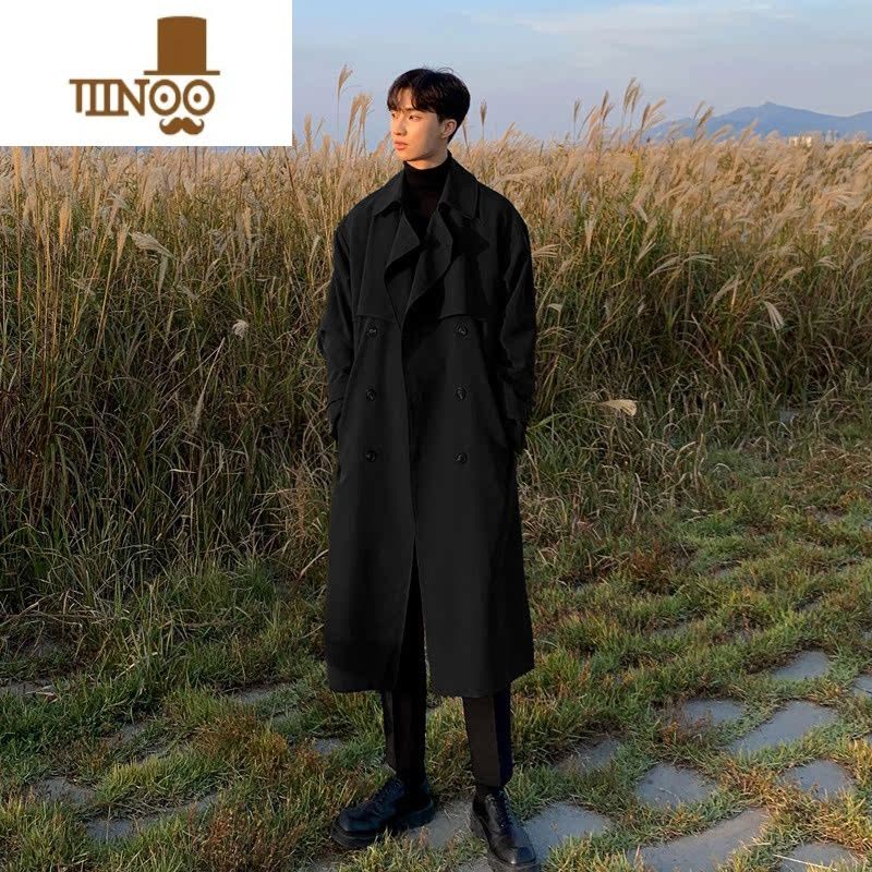 YANXU韩版风衣男中长款潮流宽松过膝英伦双排扣外套加厚休闲大衣图片