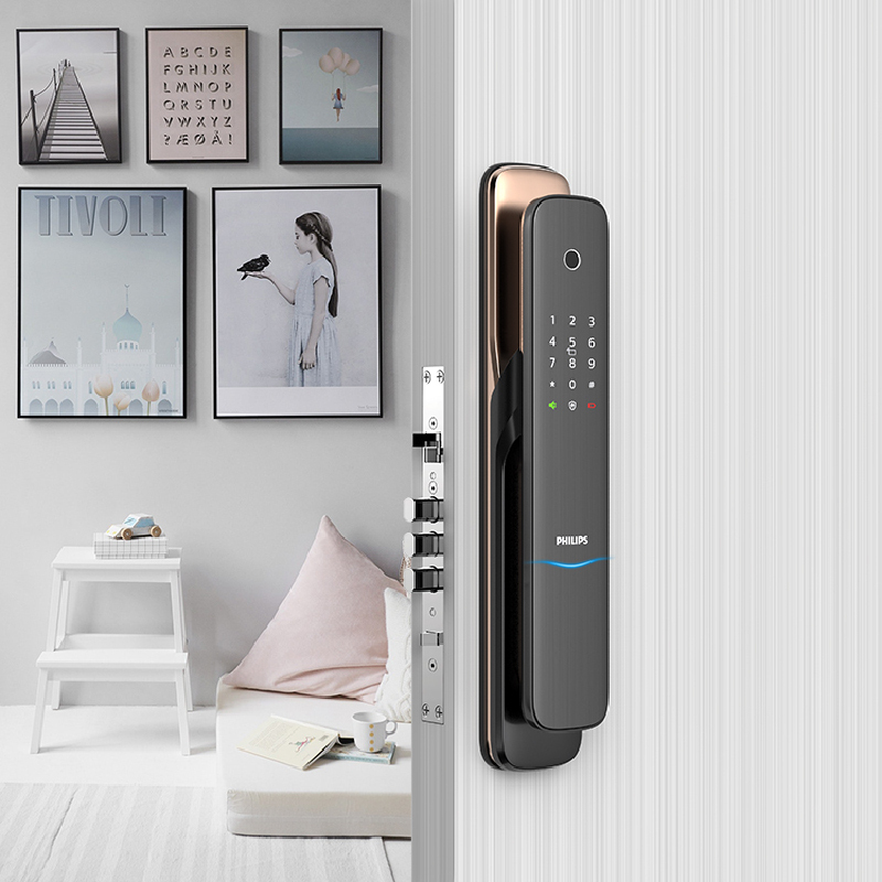[超级新品苏宁首发]飞利浦(Philips)智能门锁 DDL703K全自动家庭用防盗锁推拉全自动 电子锁 红古铜高清大图