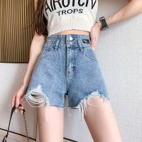 高腰牛仔短裤女夏季2021年新款薄款宽松显瘦百搭学生a字直筒热裤_浅蓝色_32码(140-150斤)