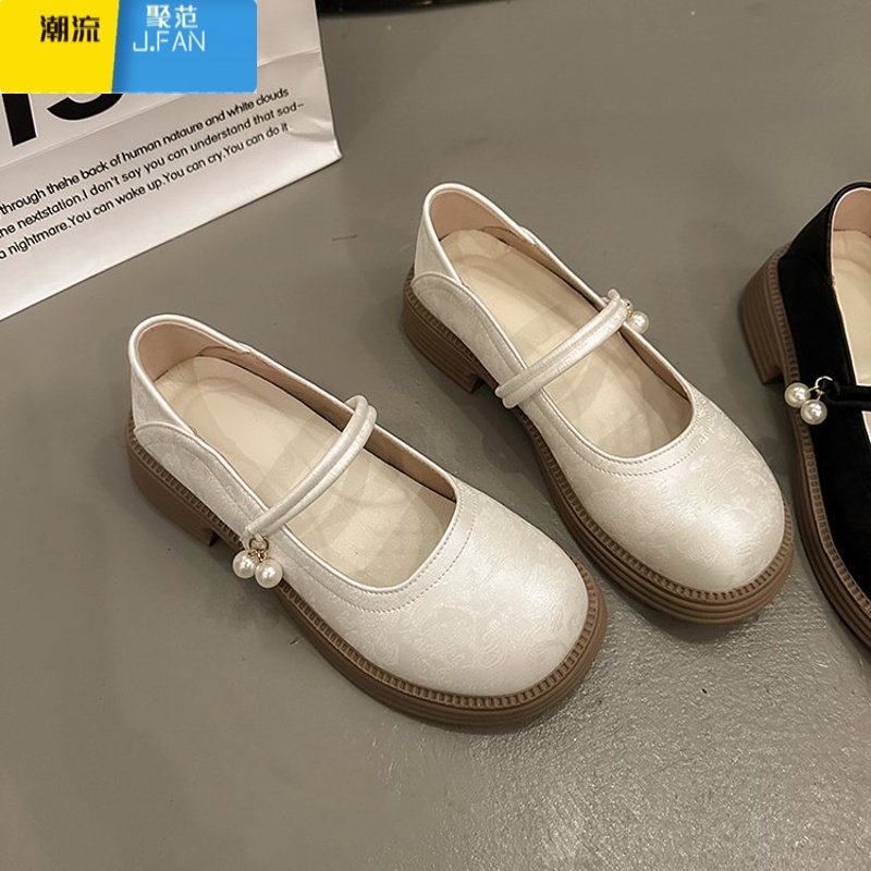 聚范法式温柔气质单鞋女新中式国风女鞋圆头百搭玛丽珍鞋小皮鞋配裙子 米色 36