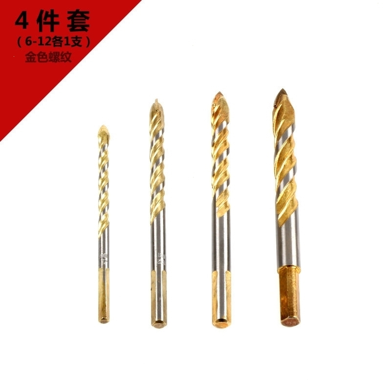 _三角瓷砖尖钻_开孔器玻璃钻头水泥墙壁钻头木工塑料铁皮钻 金色4件套(6-12各1支)