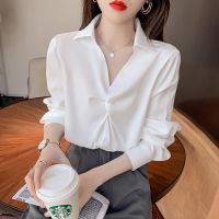 春装新款时尚洋气衬衣女长袖宽松休闲v领雪纺上衣褶皱半开领衬衫_白色_XXS50斤以下可穿