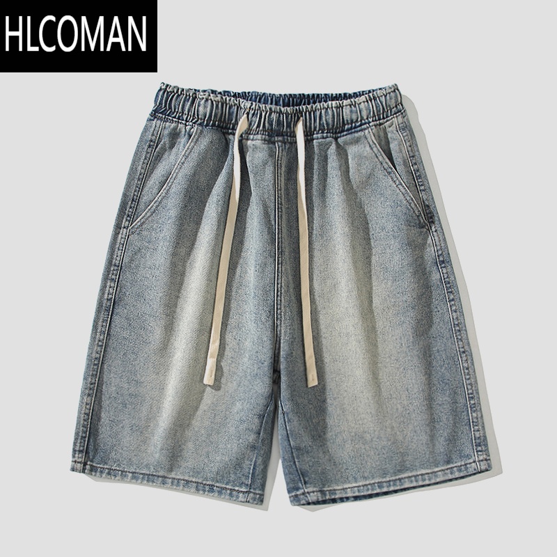 HLCOMAN夏季复古牛仔短裤男薄款松紧腰直筒裤休闲中裤男生潮牌宽松五分裤