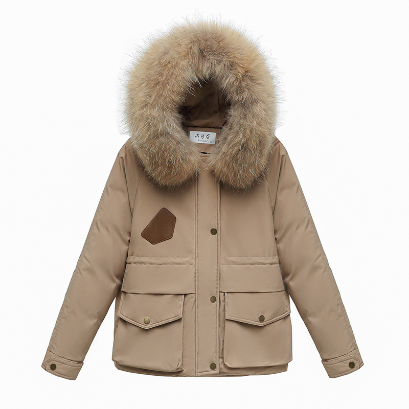 韩版女士短款大毛领工装派克服bf宽松抽绳收腰棉衣加绒棉服外套潮