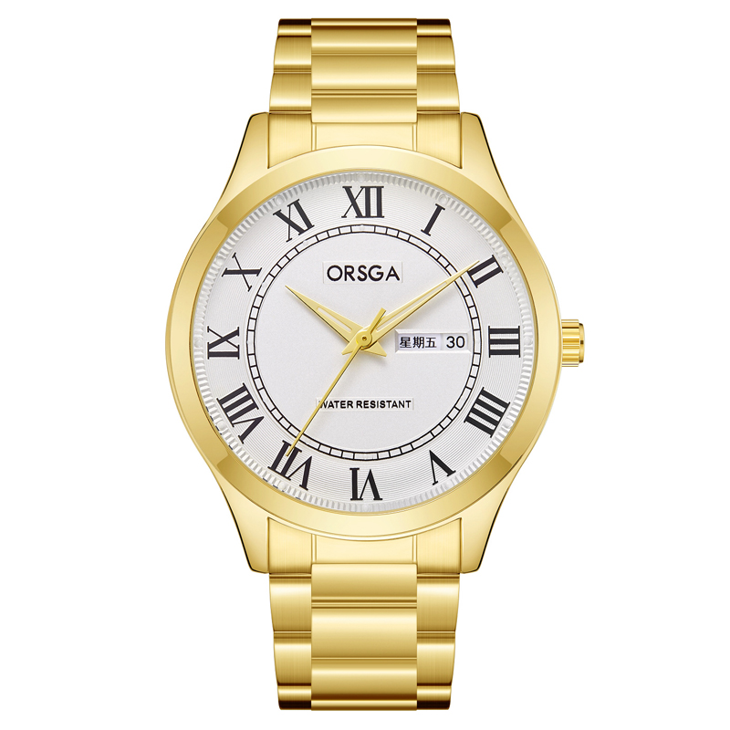 ORSGA手表男休闲简约男士手表学生石英表双日历防水男表生日礼物推荐1170G 金色白面