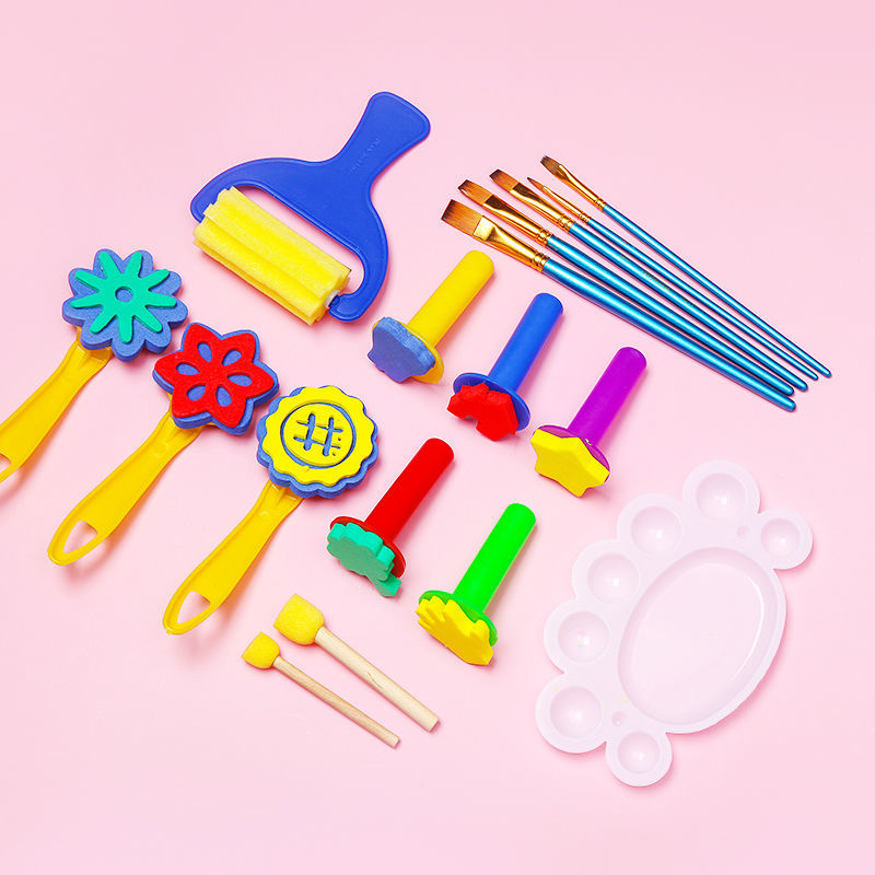 圆形海绵印章颜料拓印工具幼儿园绘画棒儿童美术画画材料画刷套装
