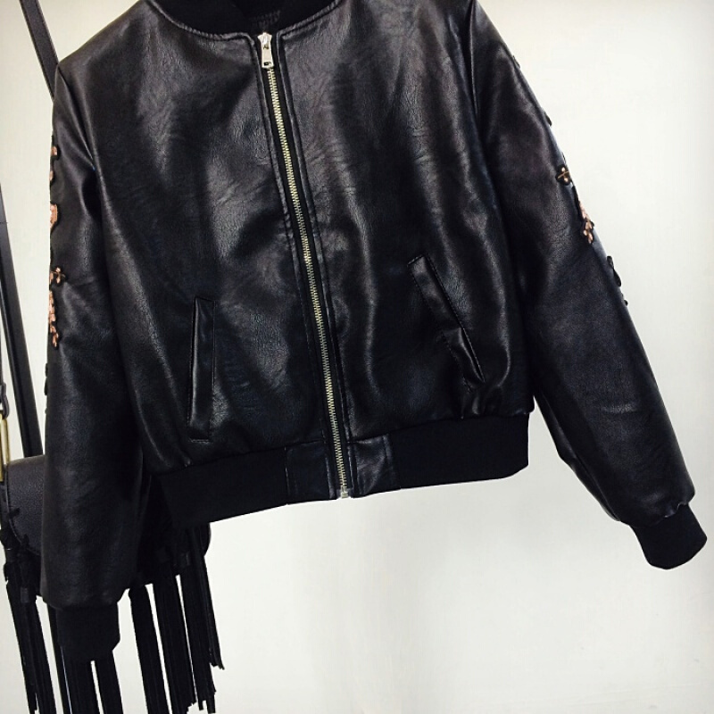 刺绣棒球服短外套女春秋装韩版百搭学生pu皮夹克机车皮衣黑色