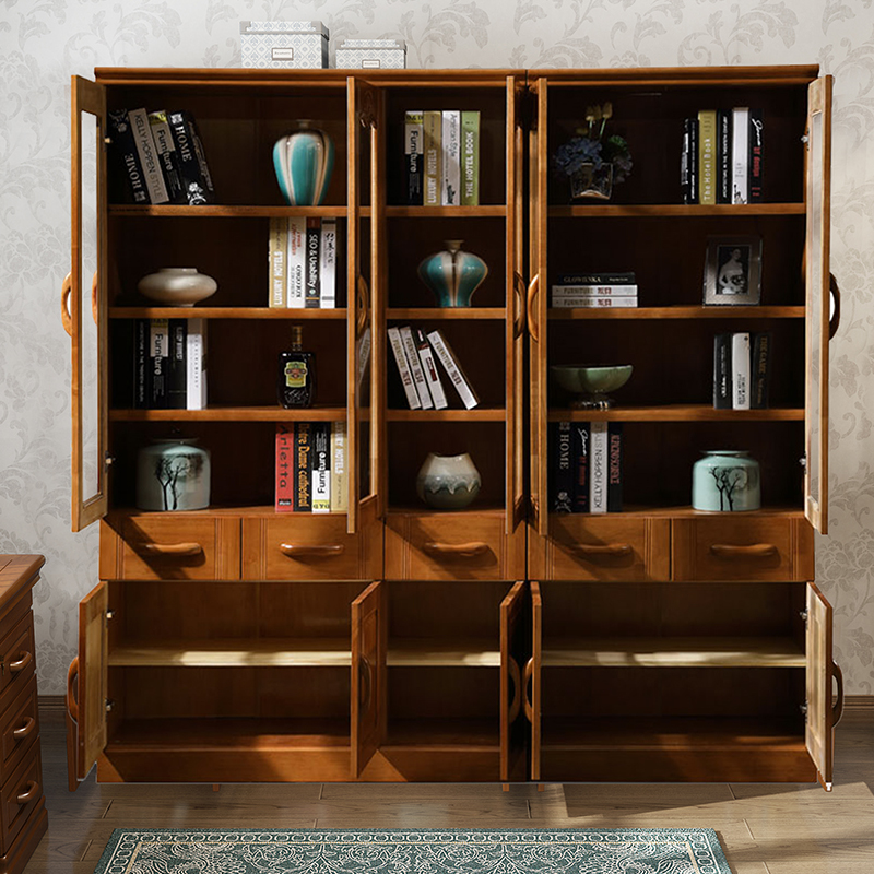 尊号 实木书柜中式书架书橱带玻璃门简约现代书房整体自由组合书柜储