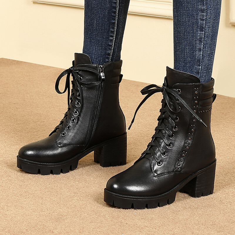 侧拉链系带短靴女欧美潮大码鞋女秋冬新款厚底低筒靴女中筒靴女短靴
