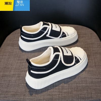 聚范帆布鞋女秋季女款鞋子透气厚底一脚蹬运动休闲小白鞋百搭超火 黑色 36标准运动码