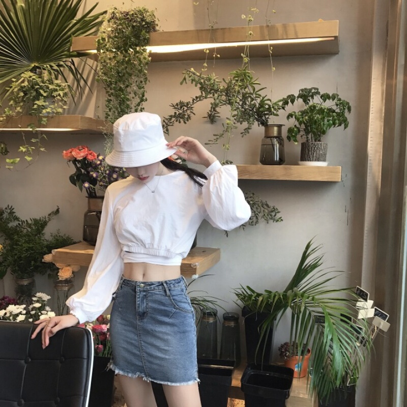 灯笼袖短款性感漏肚脐收腰绑带跳舞长袖T恤女韩舞宽松露脐上衣白色均码