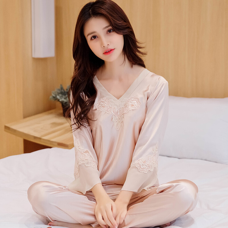 韩版真丝睡衣女长袖春秋薄款绸缎性感冰丝绸家居服夏季可外穿套装