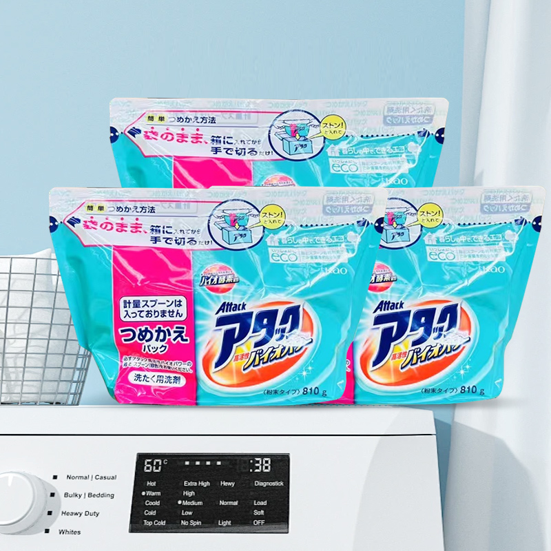 花王洗衣粉替换装750g 酵素高效渗透强力去污渍深层清洁机洗手洗衣服皂粉原装进口 清新香810g*3袋