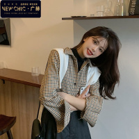 广赫崇洛鹿千鸟格衬衫女设计感小众秋冬复古黑白格纹宽松外穿内搭衬衣衬衫