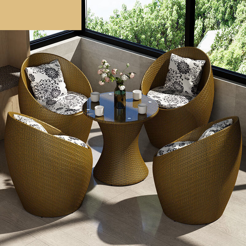 藤椅三件套阳台小桌椅一桌两椅茶几组合庭院户外休闲 鸟巢4椅+1桌[金色]