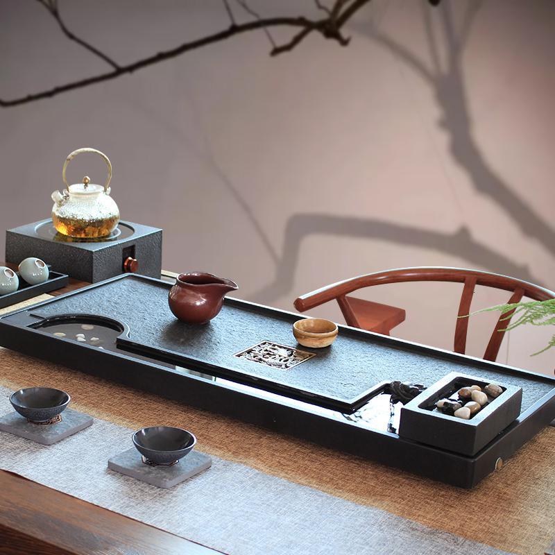 天然乌金石茶盘网红家用石头创意流水养鱼小茶台茶具石盘功夫茶海
